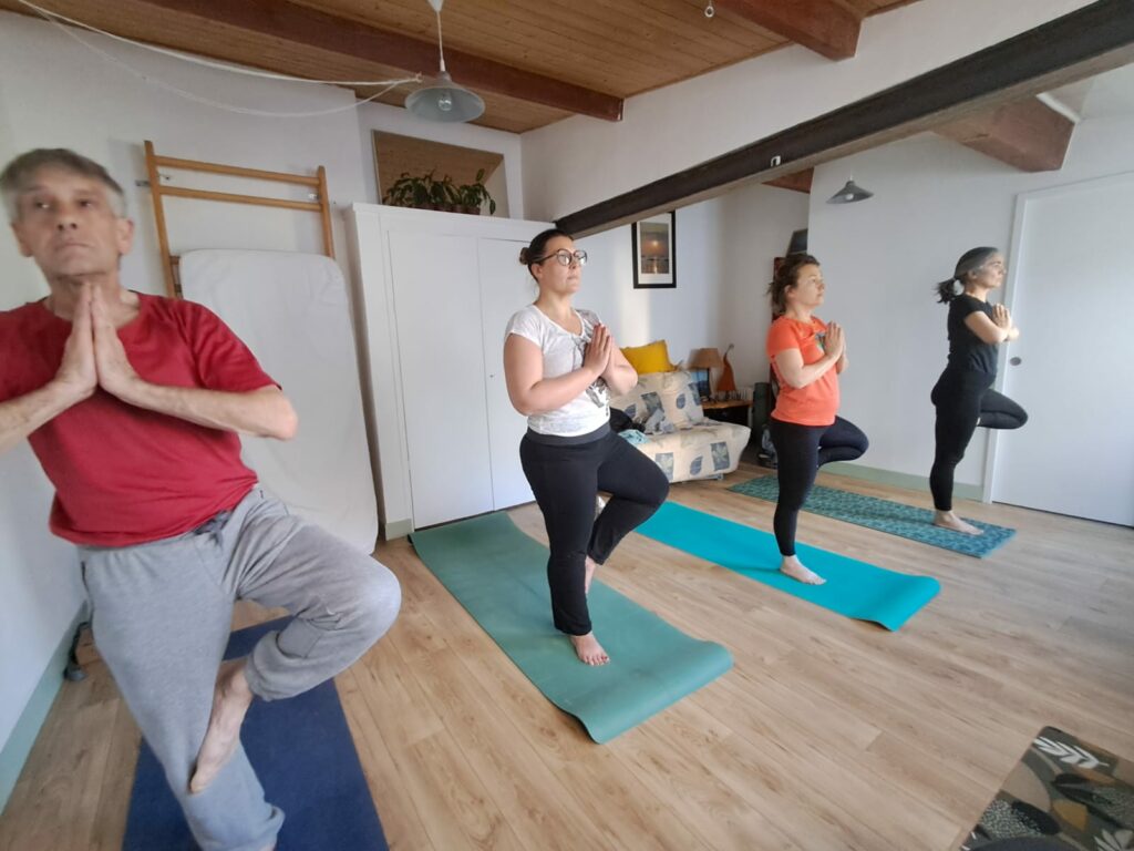 Posture de Vrkasana lors d'un cour de hatha yoga Seaflow 