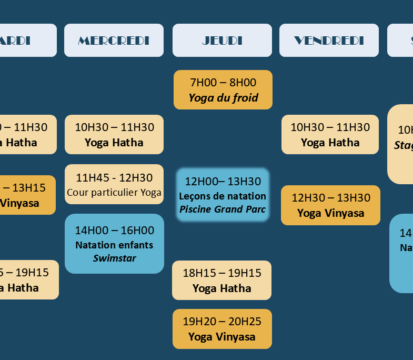 planning hebdomadaire pour les activités de hatha yoga, vinyasa yoga et yoga du froid au studio seaflow (le Bouscat) et les leçons de natation