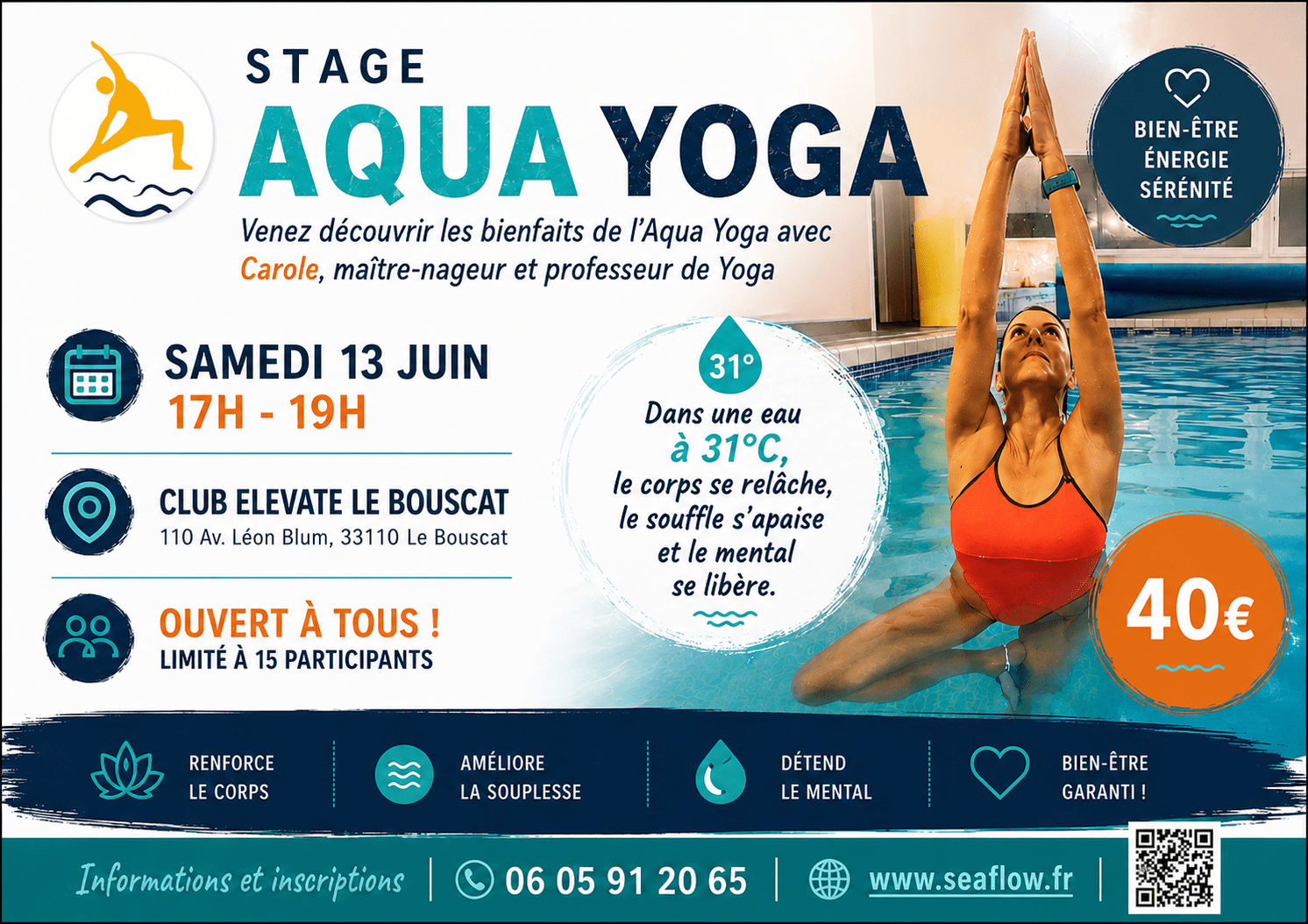 Prochain stage d&rsquo;aqua yoga le 13 juin au Bouscat